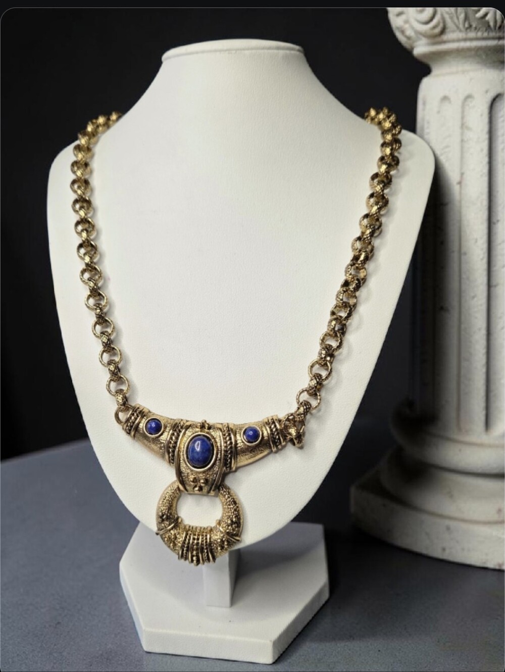 Antique Gold Etruscan Revival Lapis Lazuli Doorknocker Chunky Chain Necklace